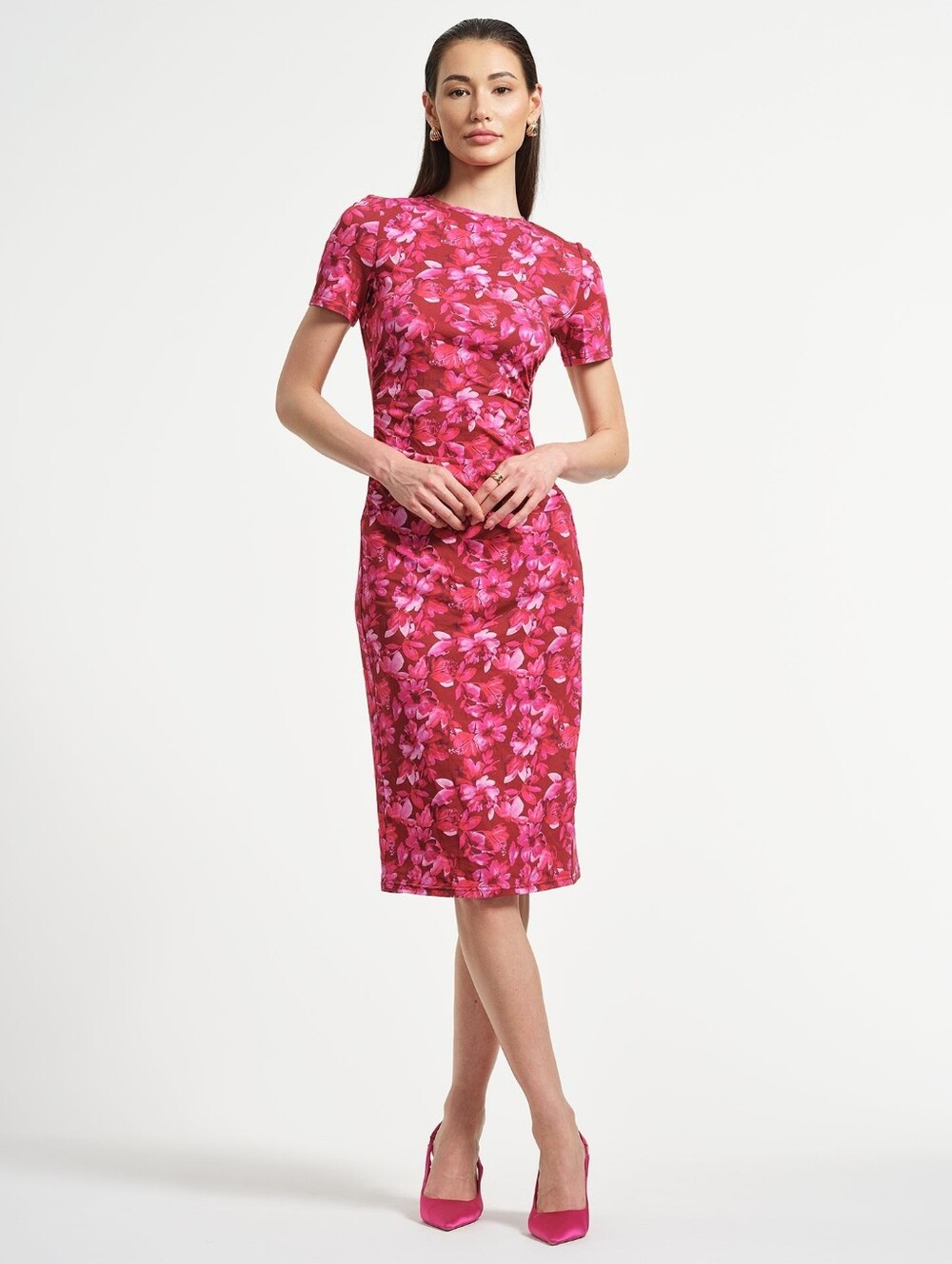 Isaac Mizrahi Magenta Floral Ruched Short Sleeve Midi Dress